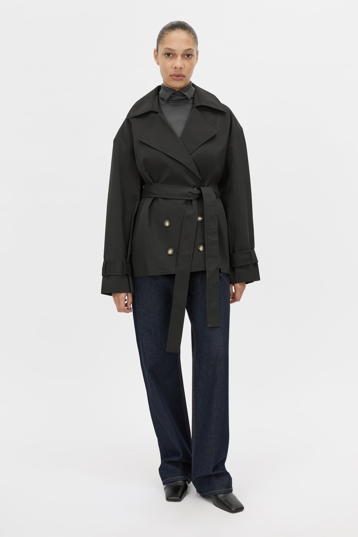 Front Styled View - CAMILLA AND MARC Malia Belted Jacket in black with exaggerated collar and lapel.