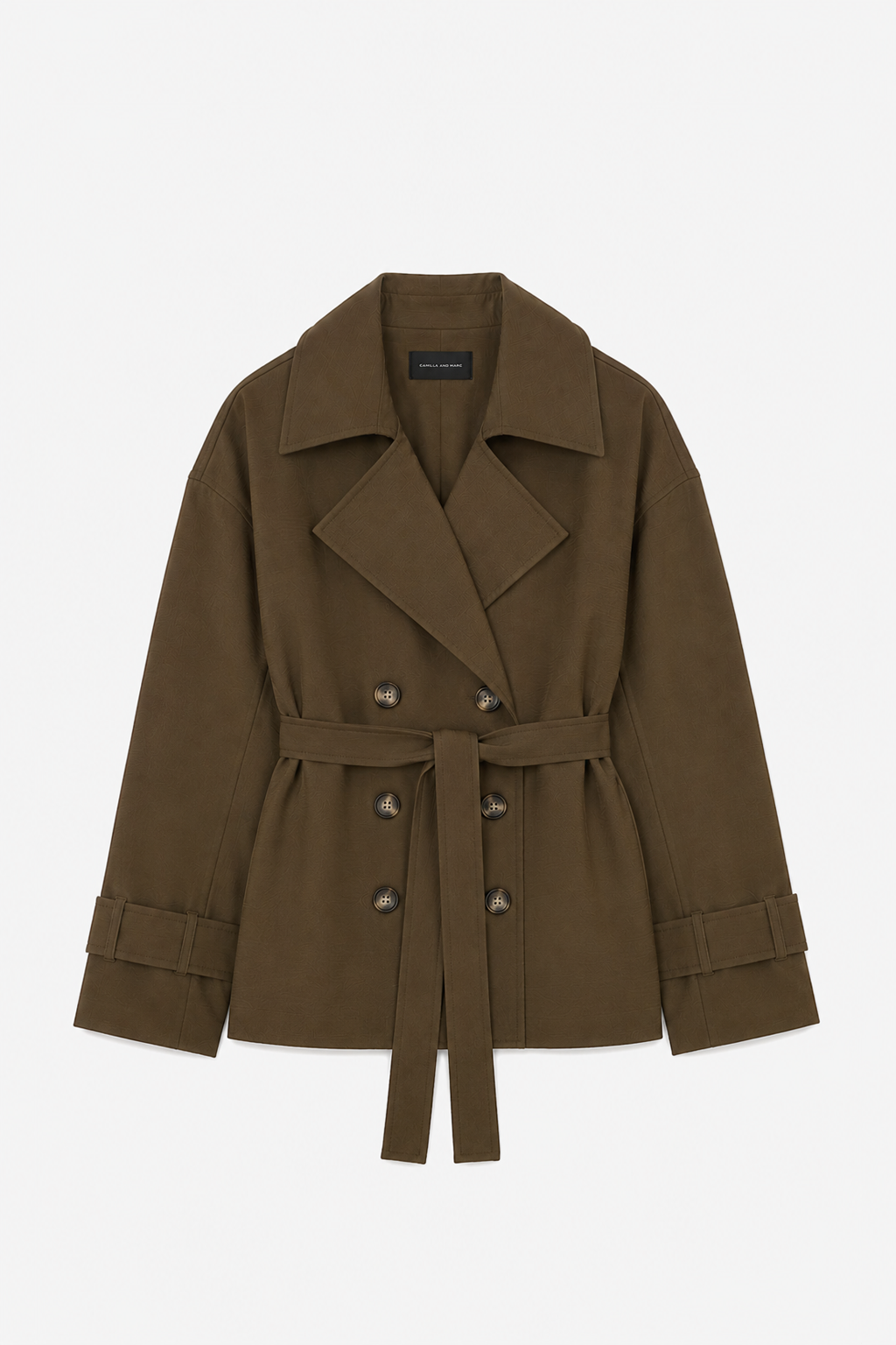 Ghost view CAMILLA AND MARC Malia Belted Jacket in brown with exaggerated topstitched collar and lapel.