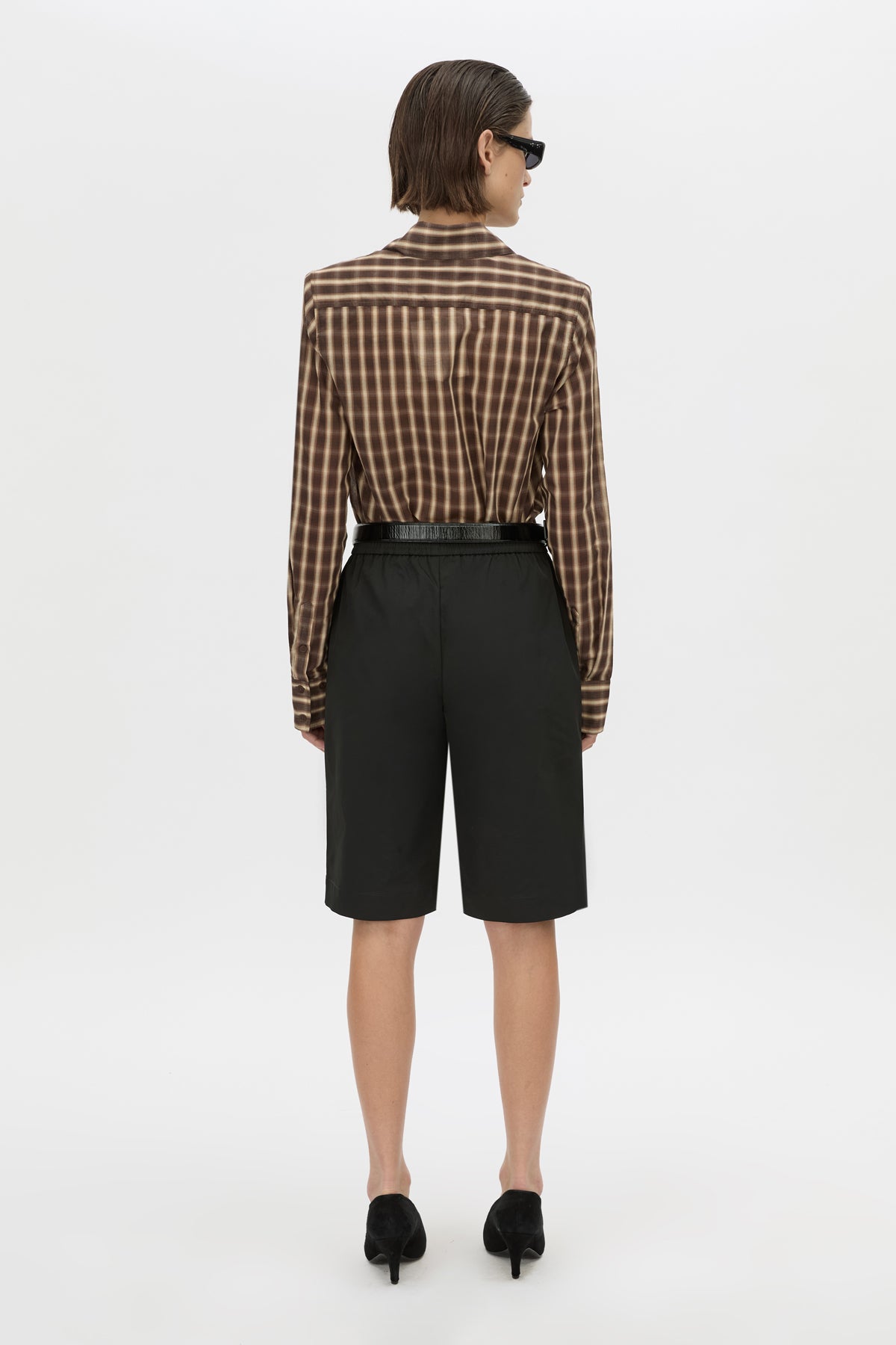 Back view CAMILLA AND MARC Mannix shirt in chocolate check.