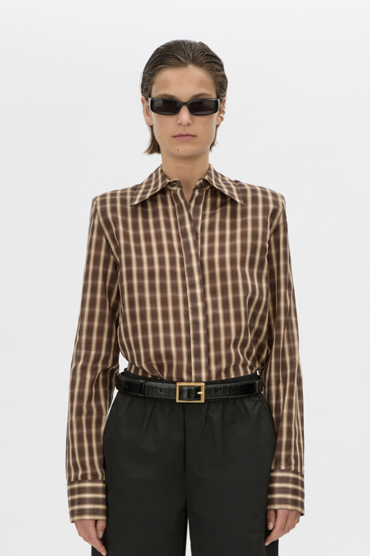 Cropped view CAMILLA AND MARC Mannix shirt in chocolate check.