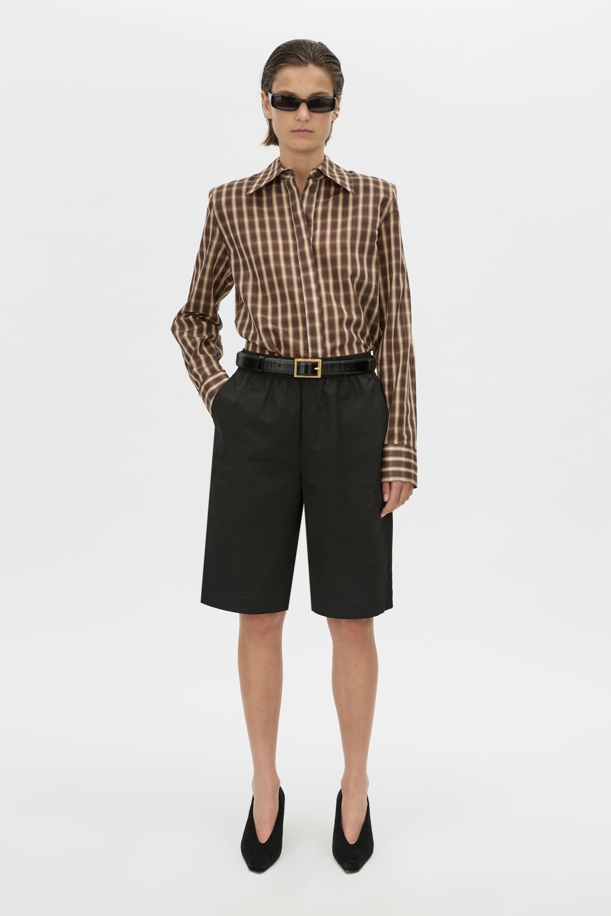 Front-styled view CAMILLA AND MARC Mannix shirt in chocolate check.