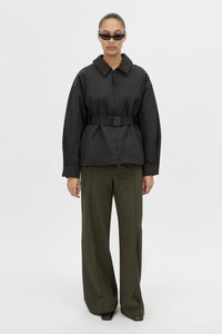 Front View - CAMILLA AND MARC Manon Padded Belted Jacket in black with hammered textured fabrication. 
