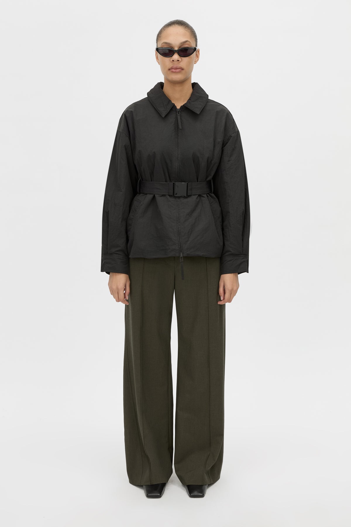 Styled View - CAMILLA AND MARC Manon Padded Belted Jacket in black with hammered textured fabrication. 