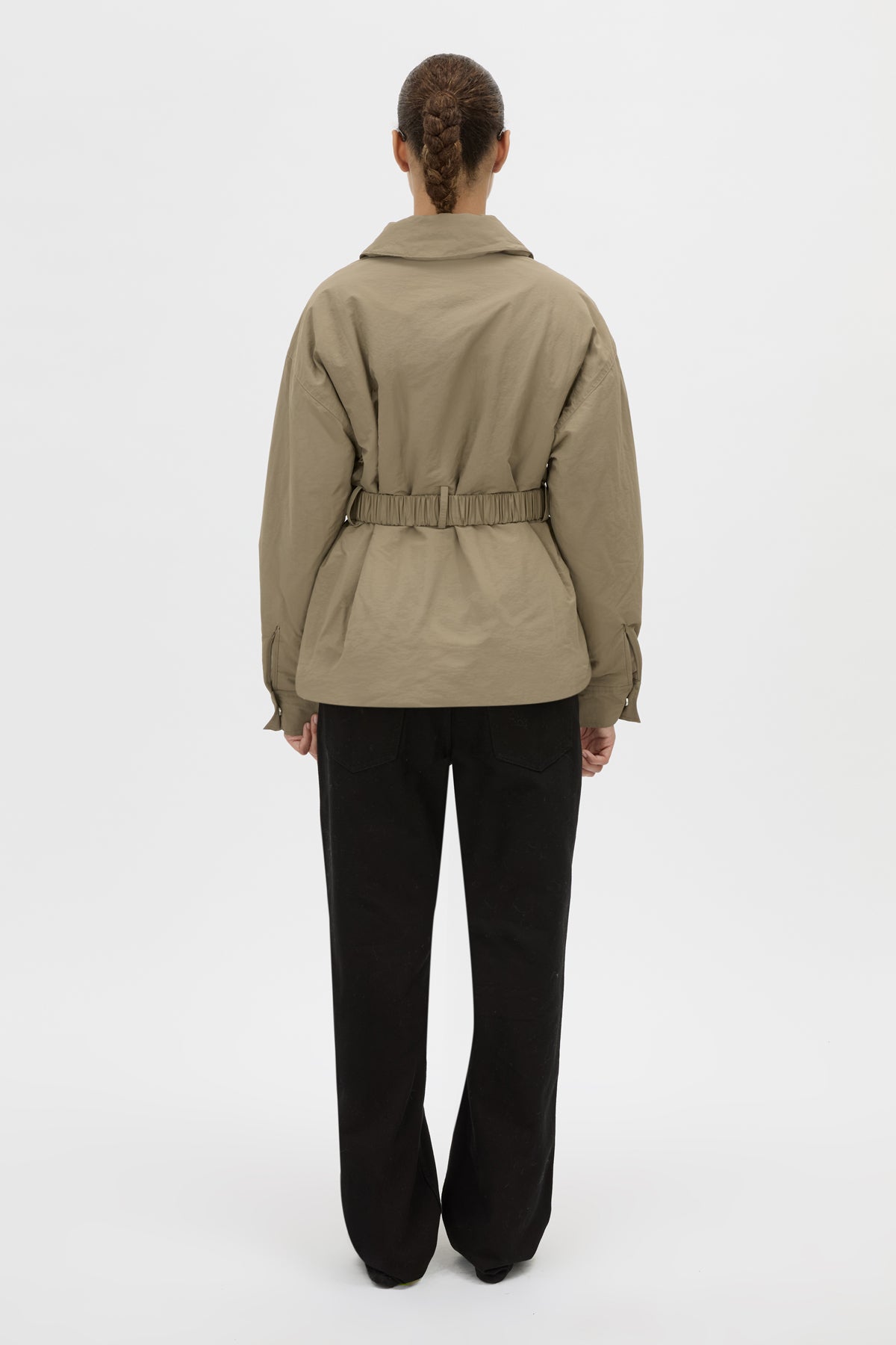 Back View - AMILLA AND MARC Manon Padded Belted Jacket in clay with hammered textured fabrication. 