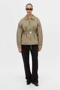 Front View - CAMILLA AND MARC Manon Padded Belted Jacket in clay with hammered textured fabrication. 
