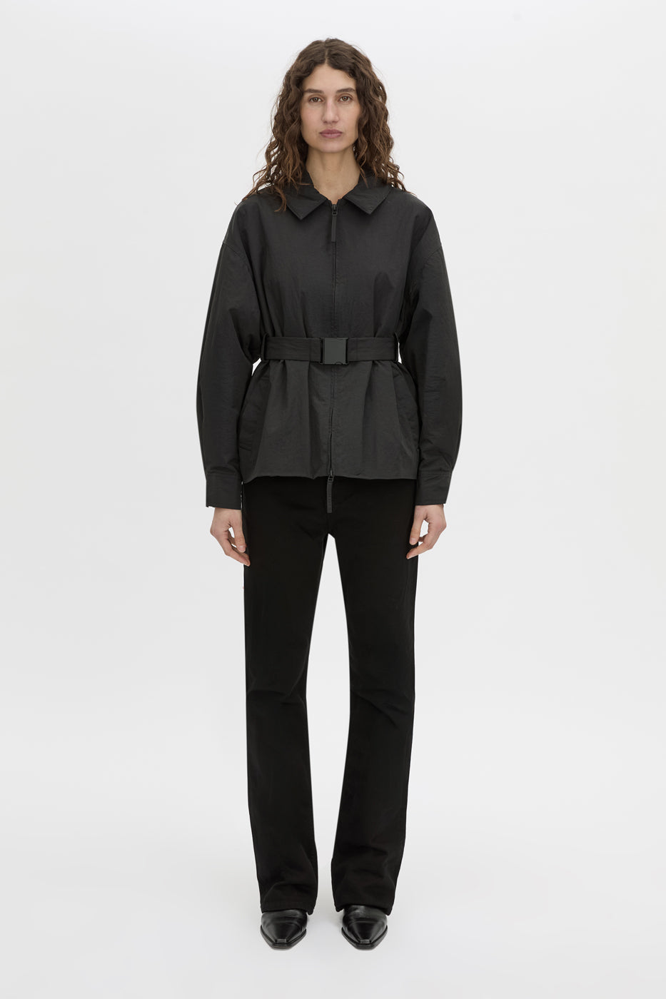 Front view CAMILLA AND MARC Manon Padded Belted Jacket in black with hammered textured fabrication.
