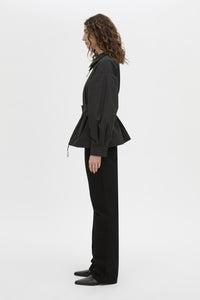 Side view CAMILLA AND MARC Manon Padded Belted Jacket in black with hammered textured fabrication.