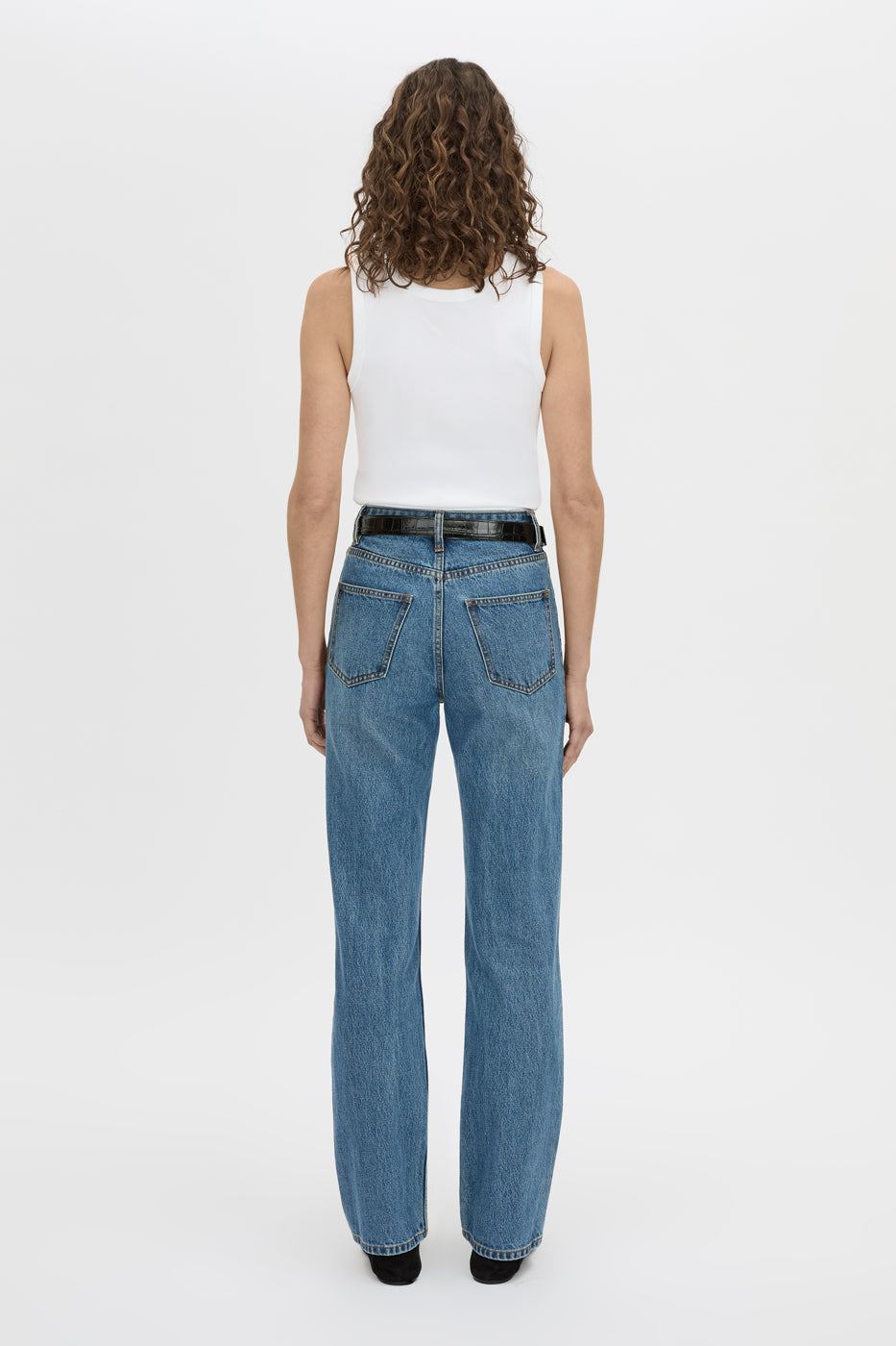 Back view CAMILLA AND MARC Manuela high waisted straight leg classic jean in classic blue.