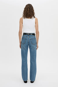 Back view CAMILLA AND MARC Manuela high waisted straight leg classic jean in classic blue.