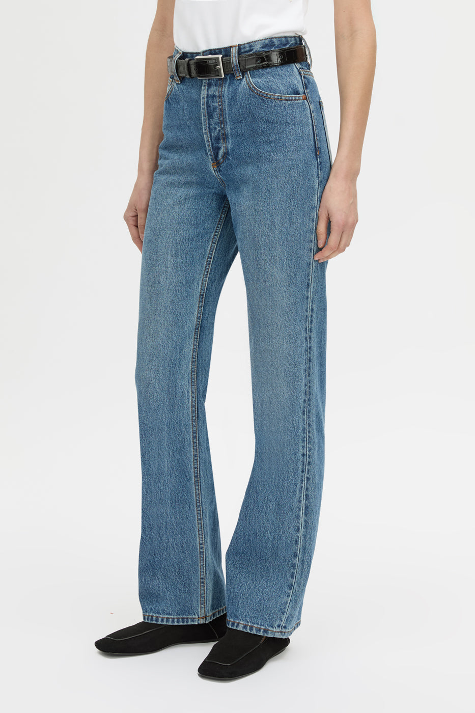 crop view CAMILLA AND MARC Manuela high waisted straight leg classic jean in classic blue.