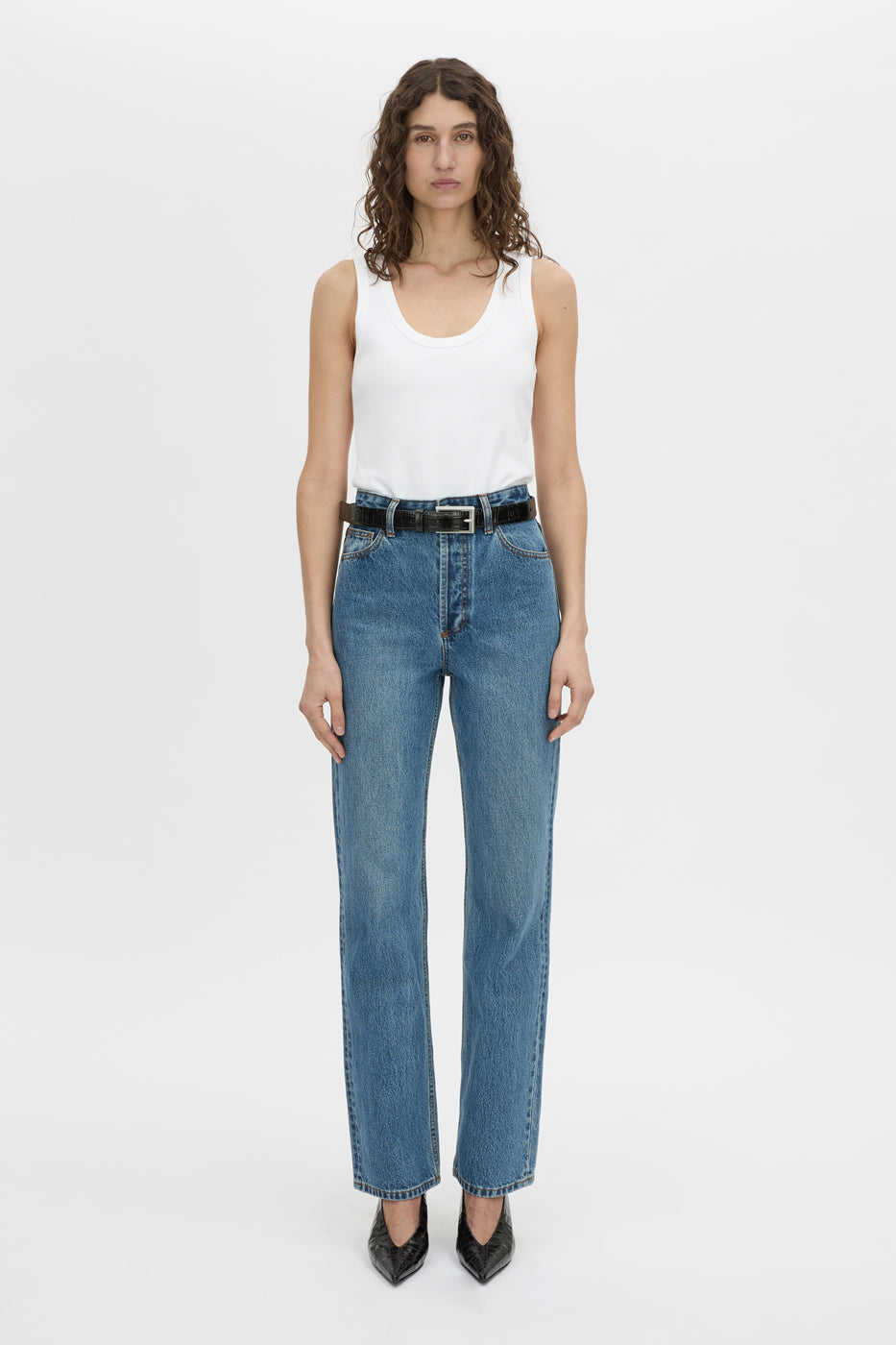 Front view CAMILLA AND MARC Manuela high waisted straight leg classic jean in classic blue.