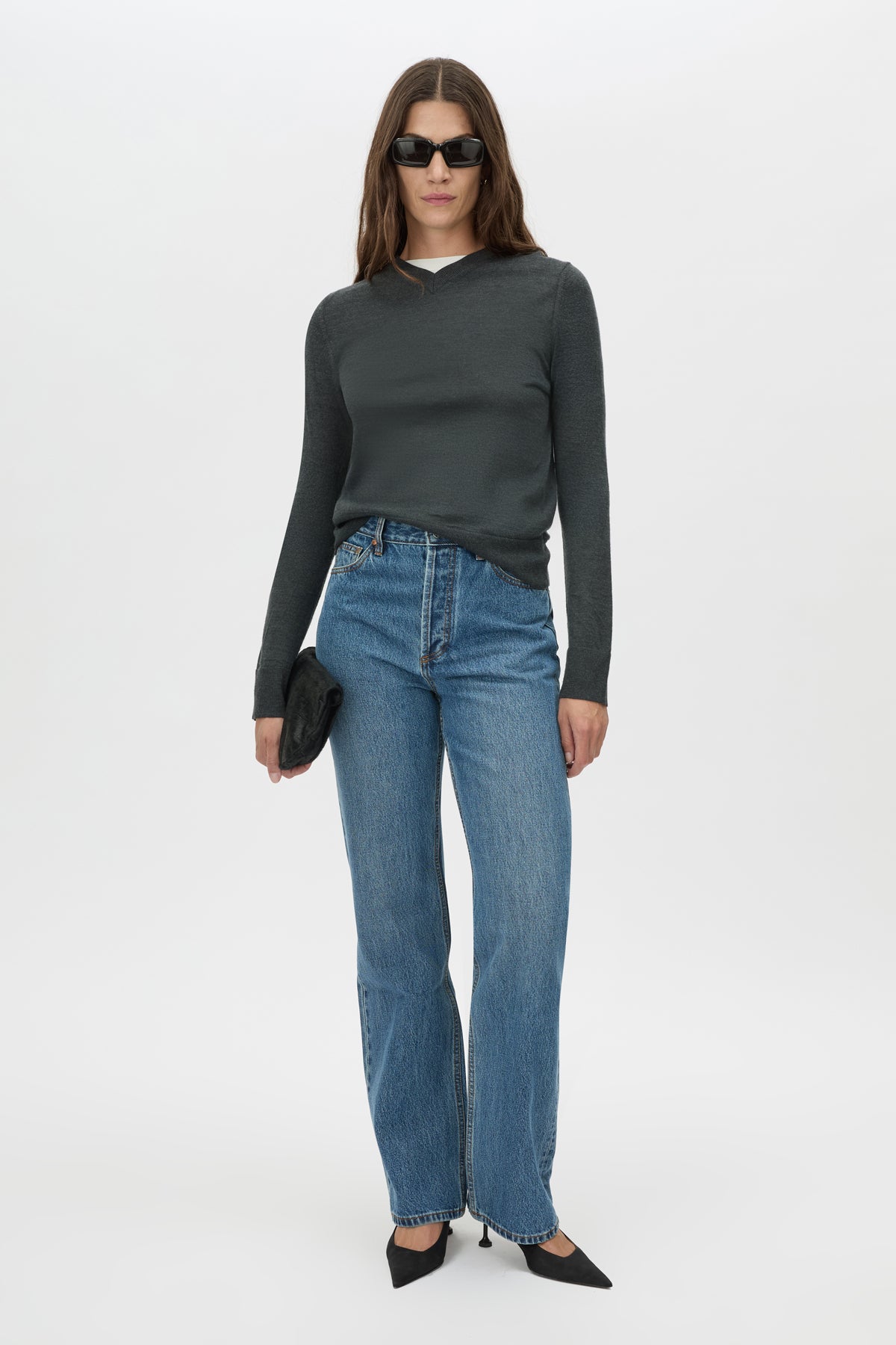 Front View CAMILLA AND MARC Manuela Denim Jean in classic blue, high waisted straight leg jean.