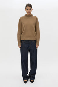Front styled view CAMILLA AND MARC Margot Turtleneck Knit Sweater in Cinnamon with ribbed collar and hems.