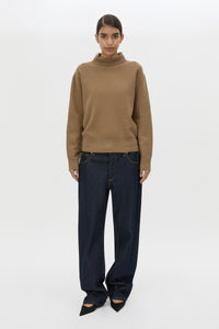 Front view CAMILLA AND MARC Margot Turtleneck Knit Sweater in Cinnamon with ribbed collar and hems.
