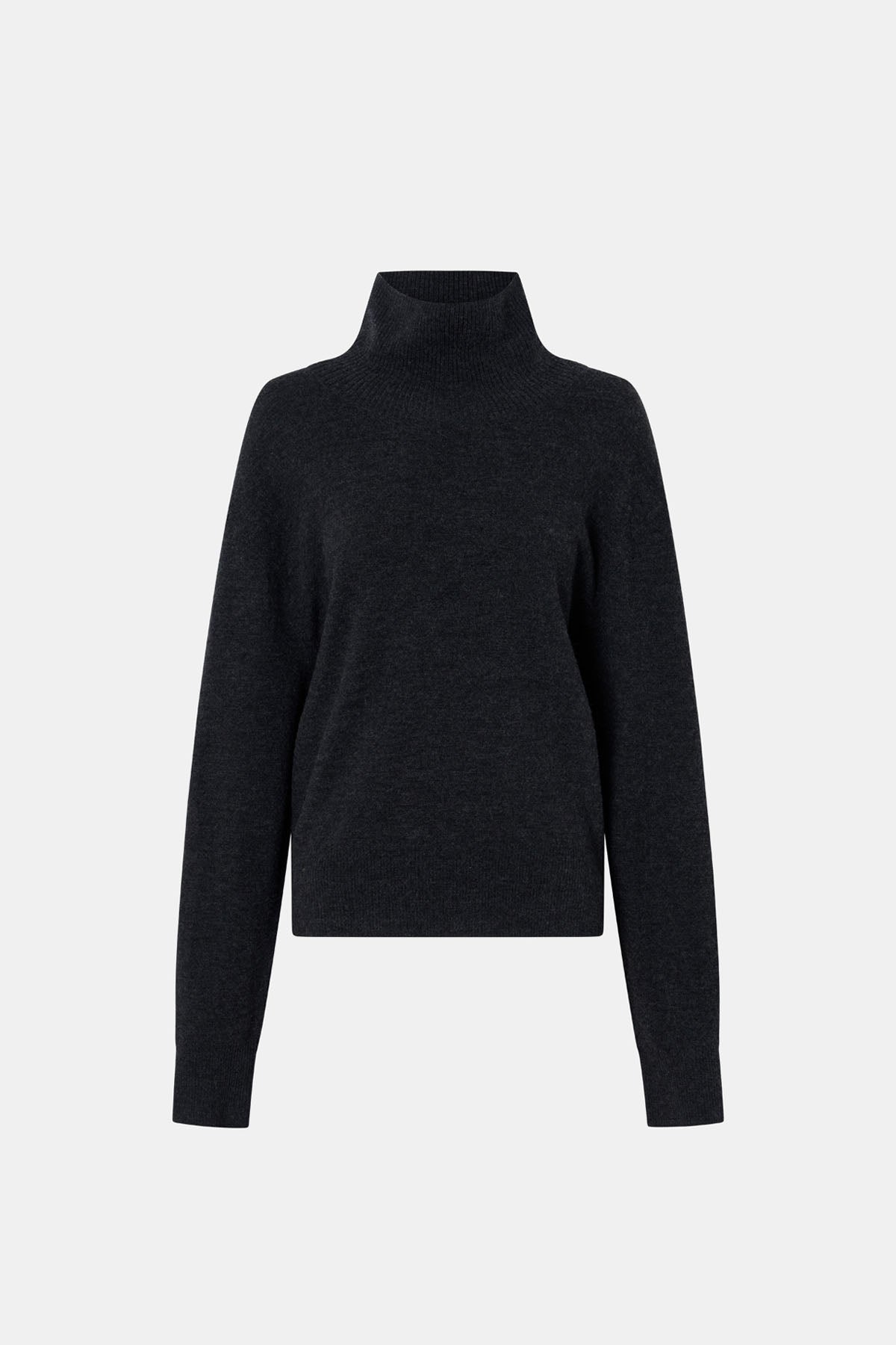 Ghost view CAMILLA AND MARC Margot Turtleneck Knit Sweater in Charcoal Grey with ribbed collar and hems.