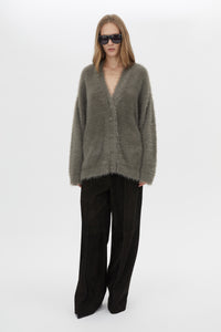 Front View CAMILLA AND MARC Martine Knit Cardigan in smokey grey with an oversized fit.
