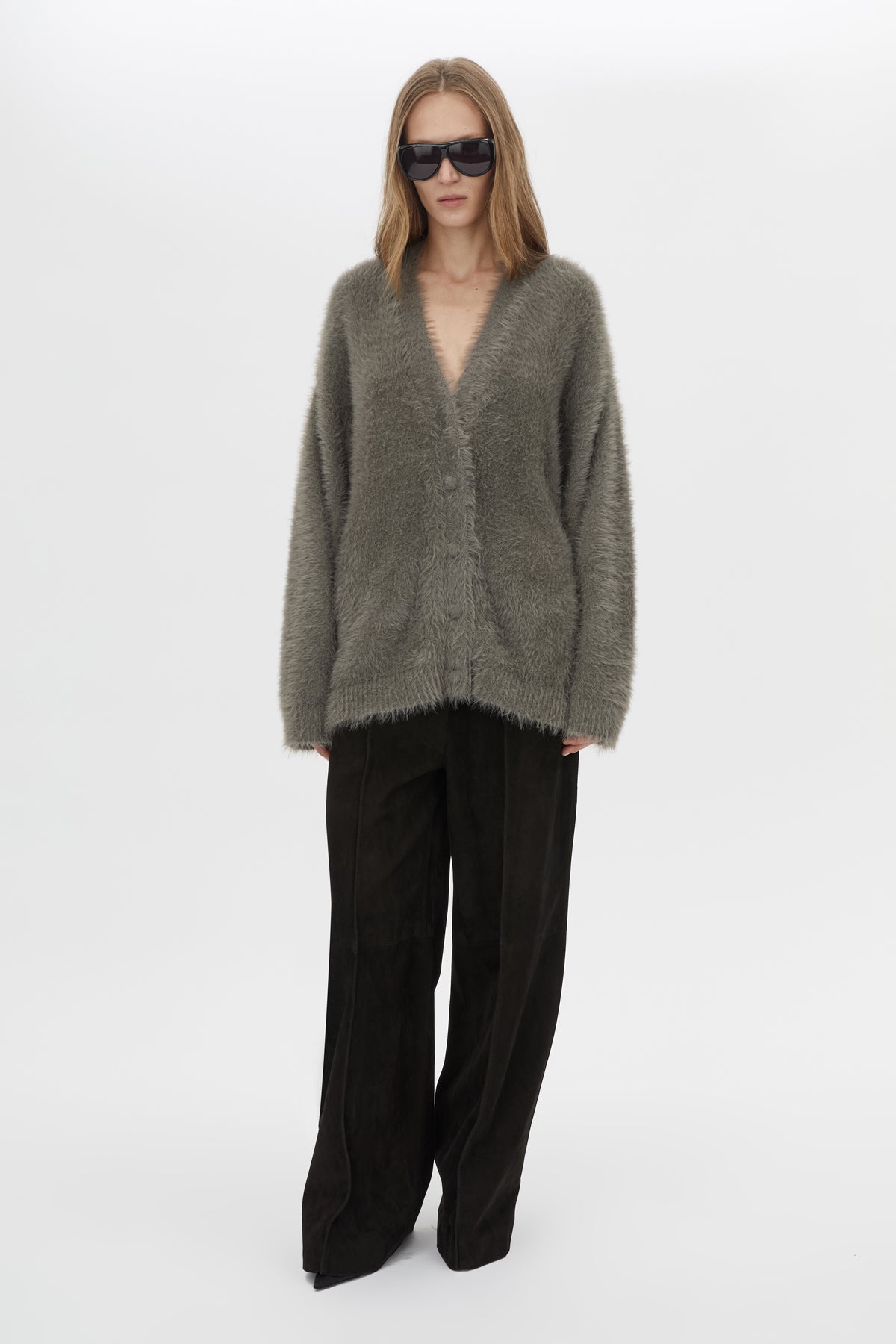 Front View CAMILLA AND MARC Martine Knit Cardigan in smokey grey with an oversized fit.