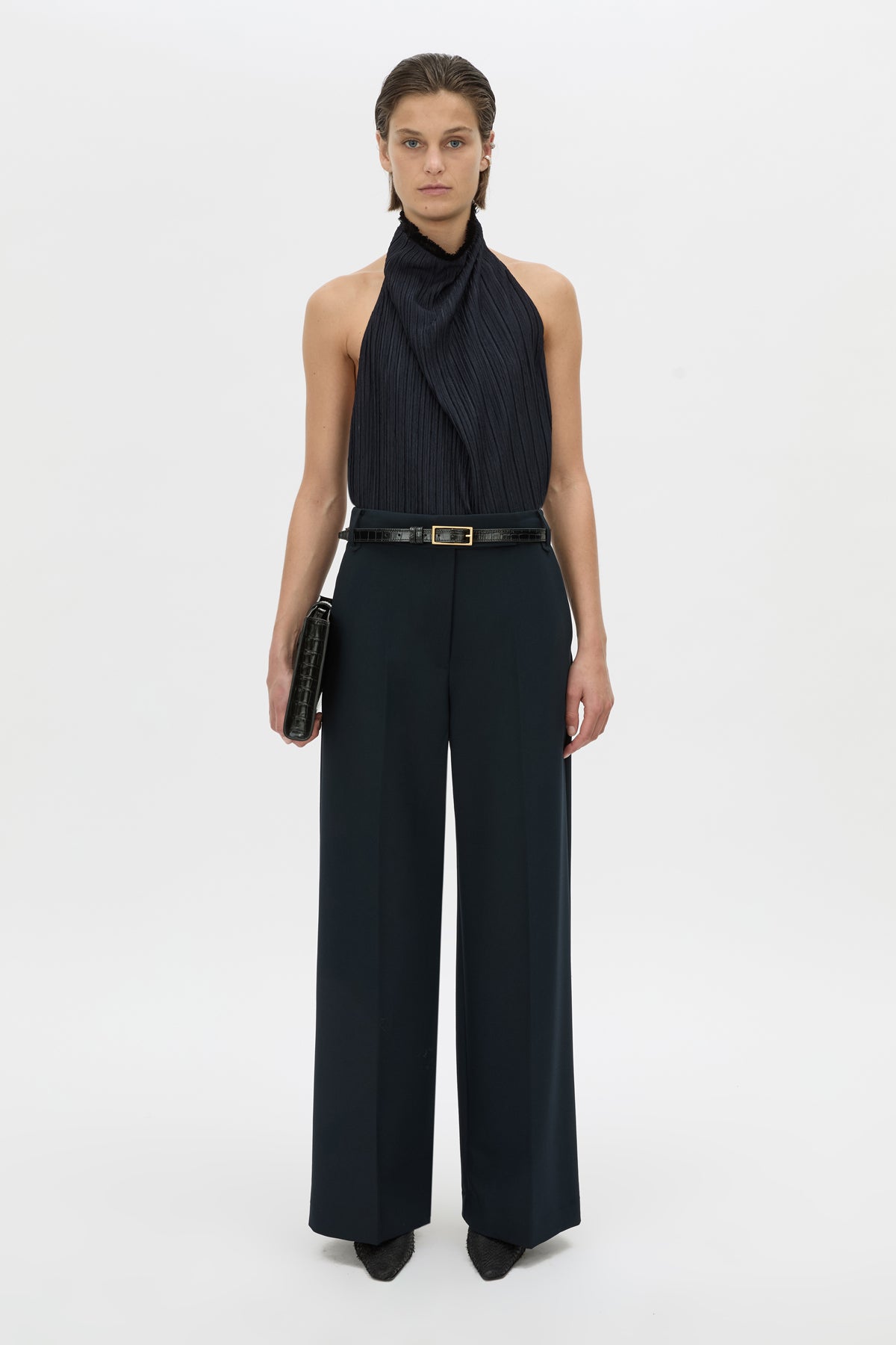 Front-styled view CAMILLA AND MARC Mavis Halter-Neck Top in midnight with textured trim detailing.