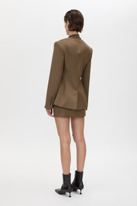 Back view CAMILLA AND MARC Maxim Tailored Mini Skirt in Cinnamon Brown, featuring a wool‑blend pinstripe fabrication.