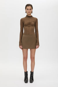 Front view CAMILLA AND MARC Maxim Tailored Mini Skirt in Cinnamon Brown, featuring a wool‑blend pinstripe fabrication.