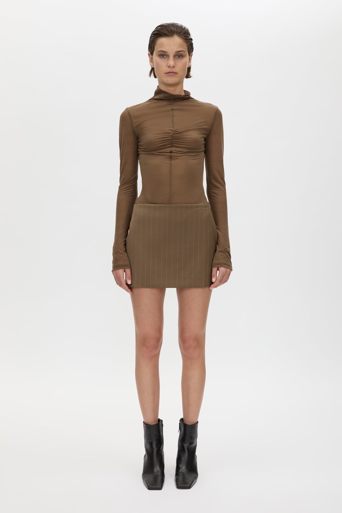 Front view CAMILLA AND MARC Maxim Tailored Mini Skirt in Cinnamon Brown, featuring a wool‑blend pinstripe fabrication.