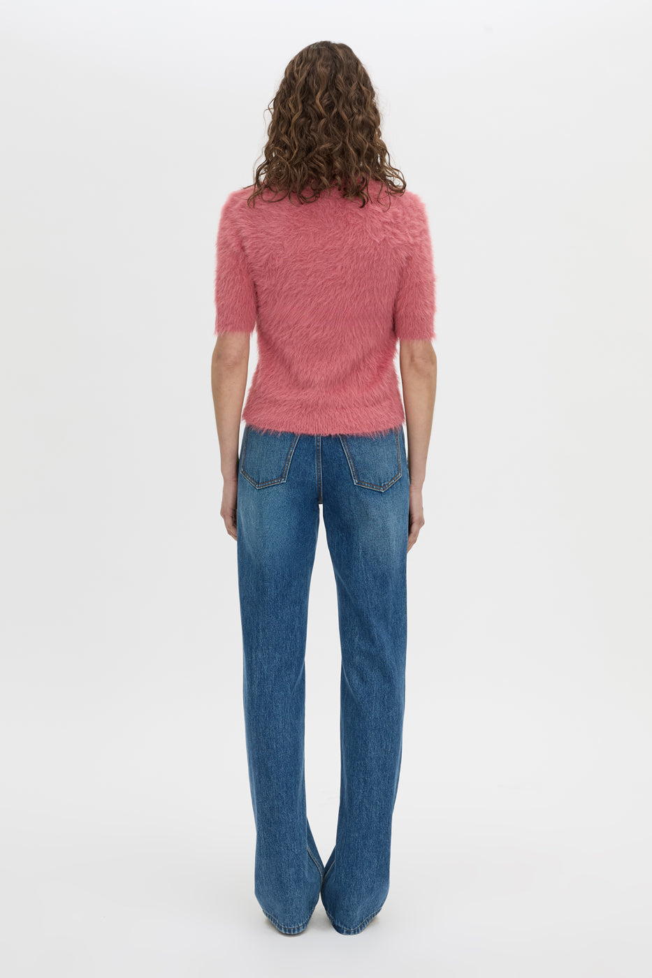 Back view CAMILLA AND MARC Maxime slim fit knit t-shirt in blush pink.