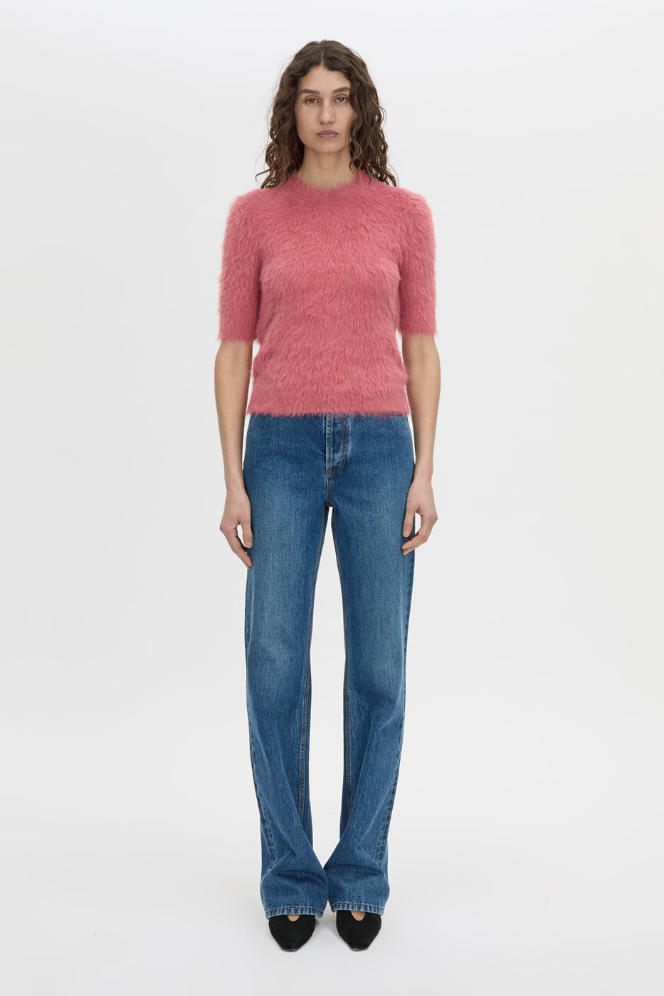 Front styled view CAMILLA AND MARC Maxime slim fit knit t-shirt in blush pink.
