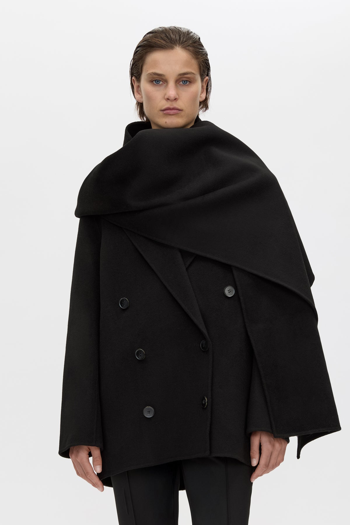 Cropped view CAMILLA AND MARC Memoria Short Coat in Black with detachable wide scarf.