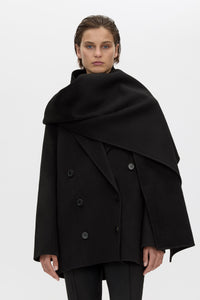 Cropped view CAMILLA AND MARC Memoria Short Coat in Black with detachable wide scarf.