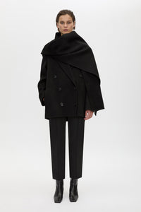 Front styled view CAMILLA AND MARC Memoria Short Coat in Black with detachable wide scarf.