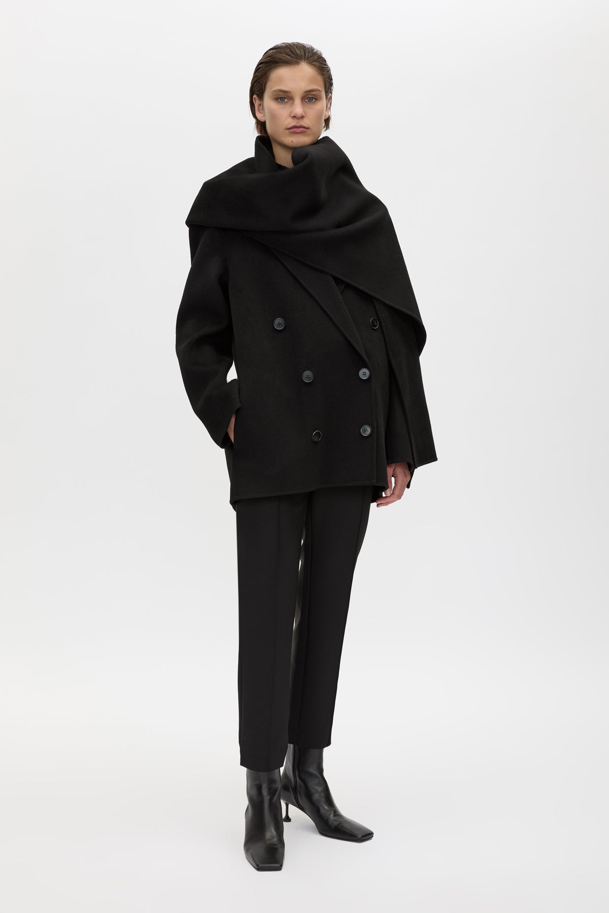Front view CAMILLA AND MARC Memoria Short Coat in Black with detachable wide scarf.