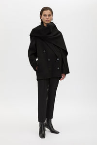 Front view CAMILLA AND MARC Memoria Short Coat in Black with detachable wide scarf.