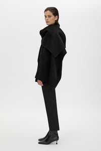 Side view CAMILLA AND MARC Memoria Short Coat in Black with detachable wide scarf.
