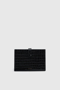 Front ghost view CAMILLA AND MARC Mette Clutch in black croc embossed leather.