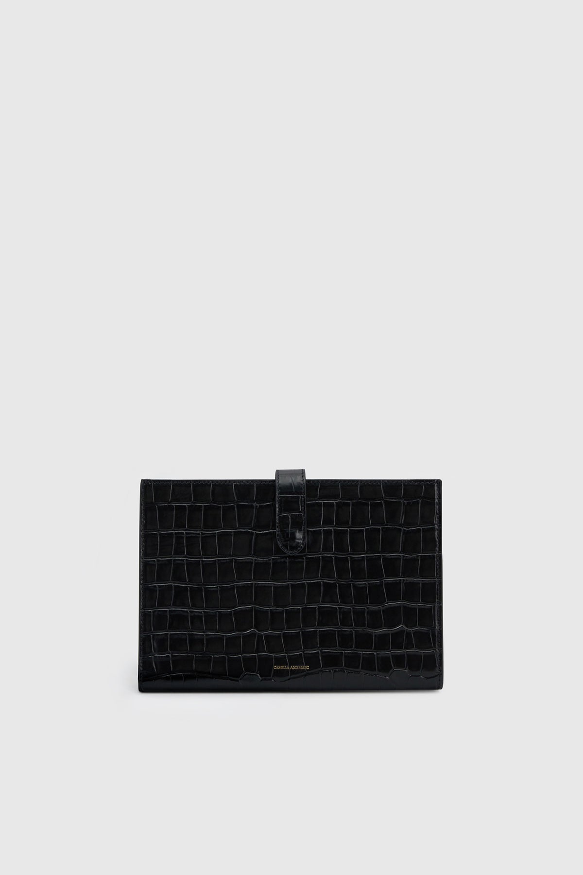 Front ghost view CAMILLA AND MARC Mette Clutch in black croc embossed leather.