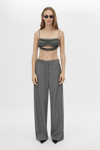 Front styled view CAMILLA AND MARC Meyer Beaded Top in Charcoal with a cropped silhouette and draped bust beading.