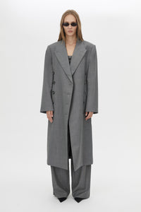 Front view CAMILLA AND MARC Meyer Beaded Pant in Charcoal Grey with the Meyer Double Breasted Coat.