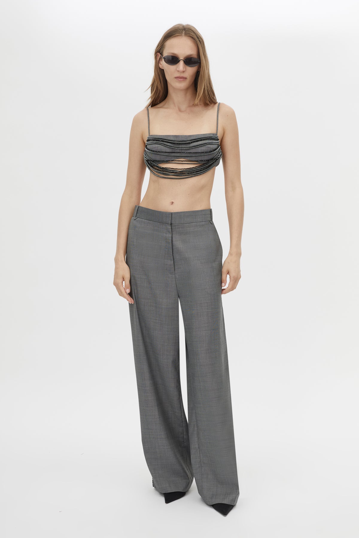 Front styled view CAMILLA AND MARC Meyer Beaded Pant in Charcoal Grey with a low‑rise tailored silhouette and beaded side seams.