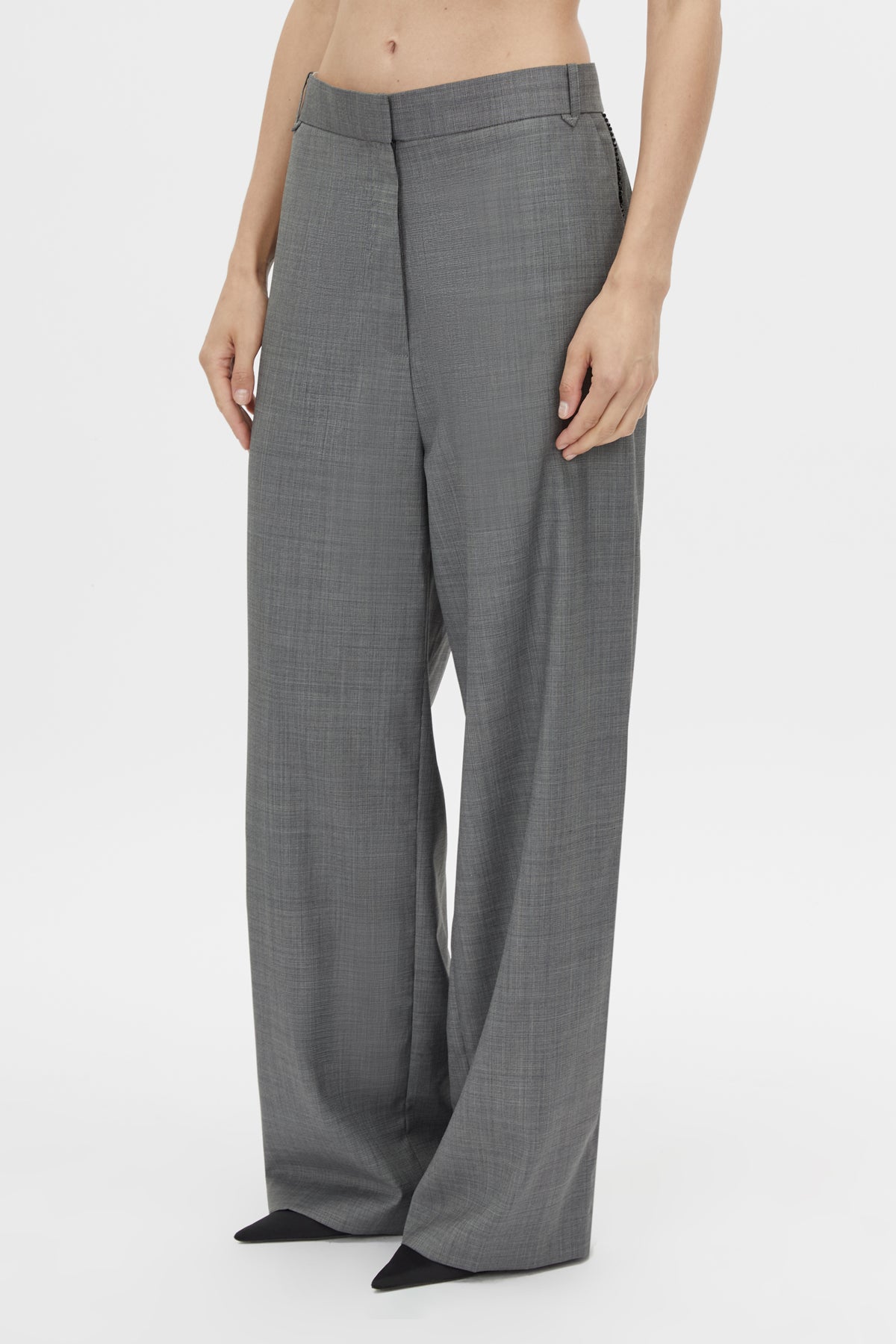 Cropped view CAMILLA AND MARC Meyer Beaded Pant in Charcoal Grey with a low‑rise tailored silhouette and beaded side seams.