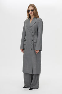 Three-quarter view CAMILLA AND MARC Meyer Double Breasted Coat in Charcoal Grey crafted from 100% Australian wool.