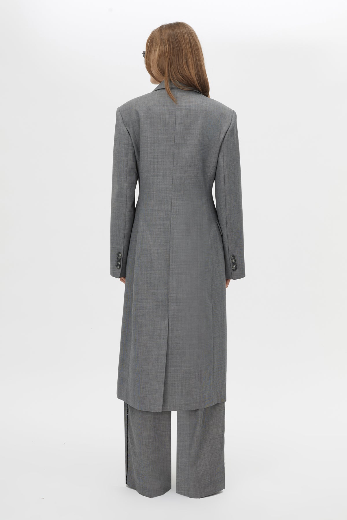 Back view CAMILLA AND MARC Meyer Double Breasted Coat in Charcoal Grey crafted from 100% Australian wool.