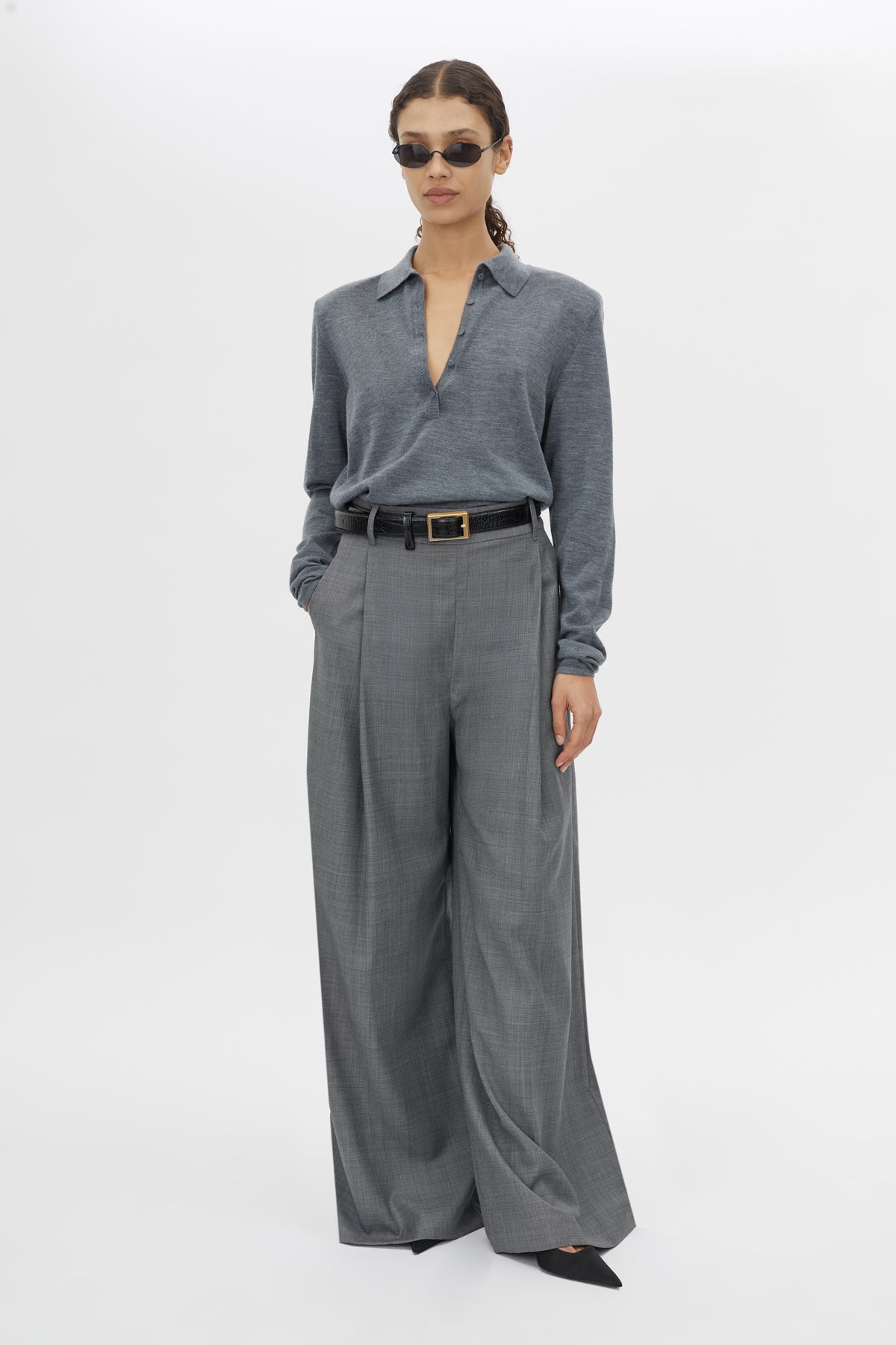 Front view CAMILLA AND MARC Meyer Wide Leg Pant in Charcoal Grey styled with the Chime Knit Long Sleeve Top.