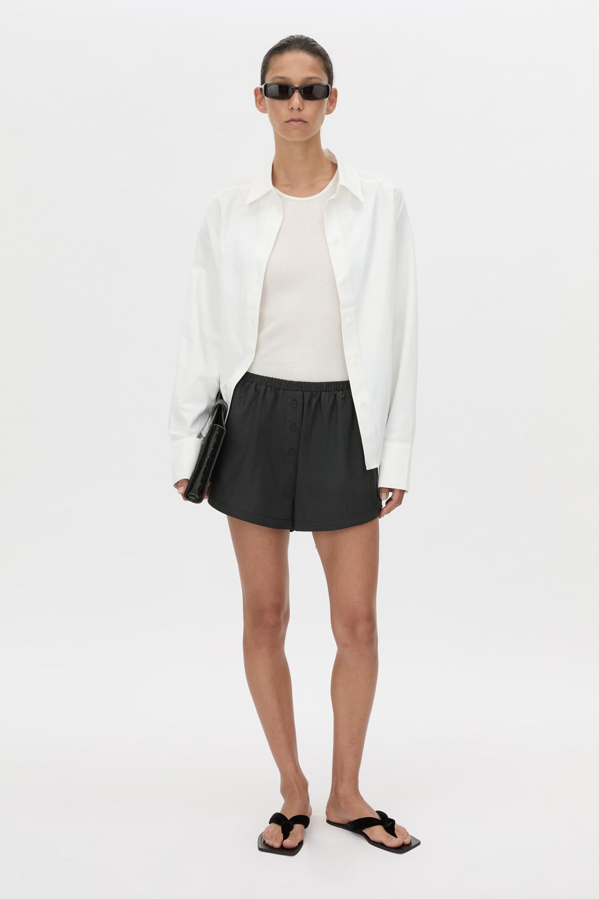 Front-styled view CAMILLA AND MARC Milo mid-rise cotton pull-on boxer short in black.