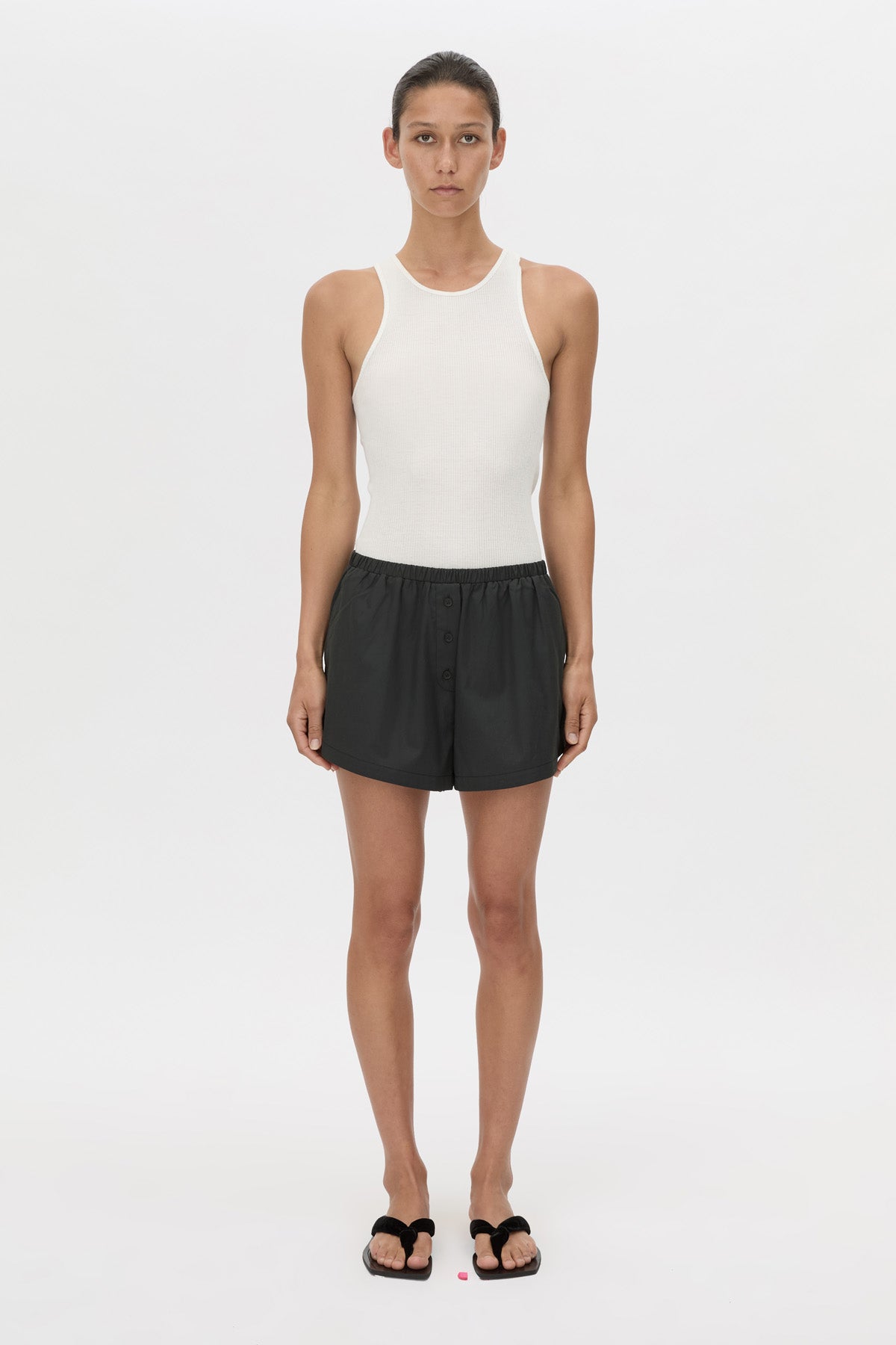 Styled view CAMILLA AND MARC Milo mid-rise cotton pull-on boxer short in black.