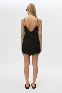 Back view CAMILLA AND MARC Mirage Lace Trim Top in Black with V‑neck cami silhouette, and lace border trim.