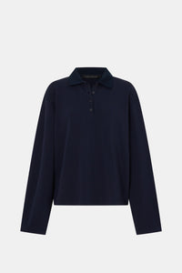 Ghost view CAMILLA AND MARC cotton Moreno Long Sleeve Polo Top in navy with quarter external button placket.