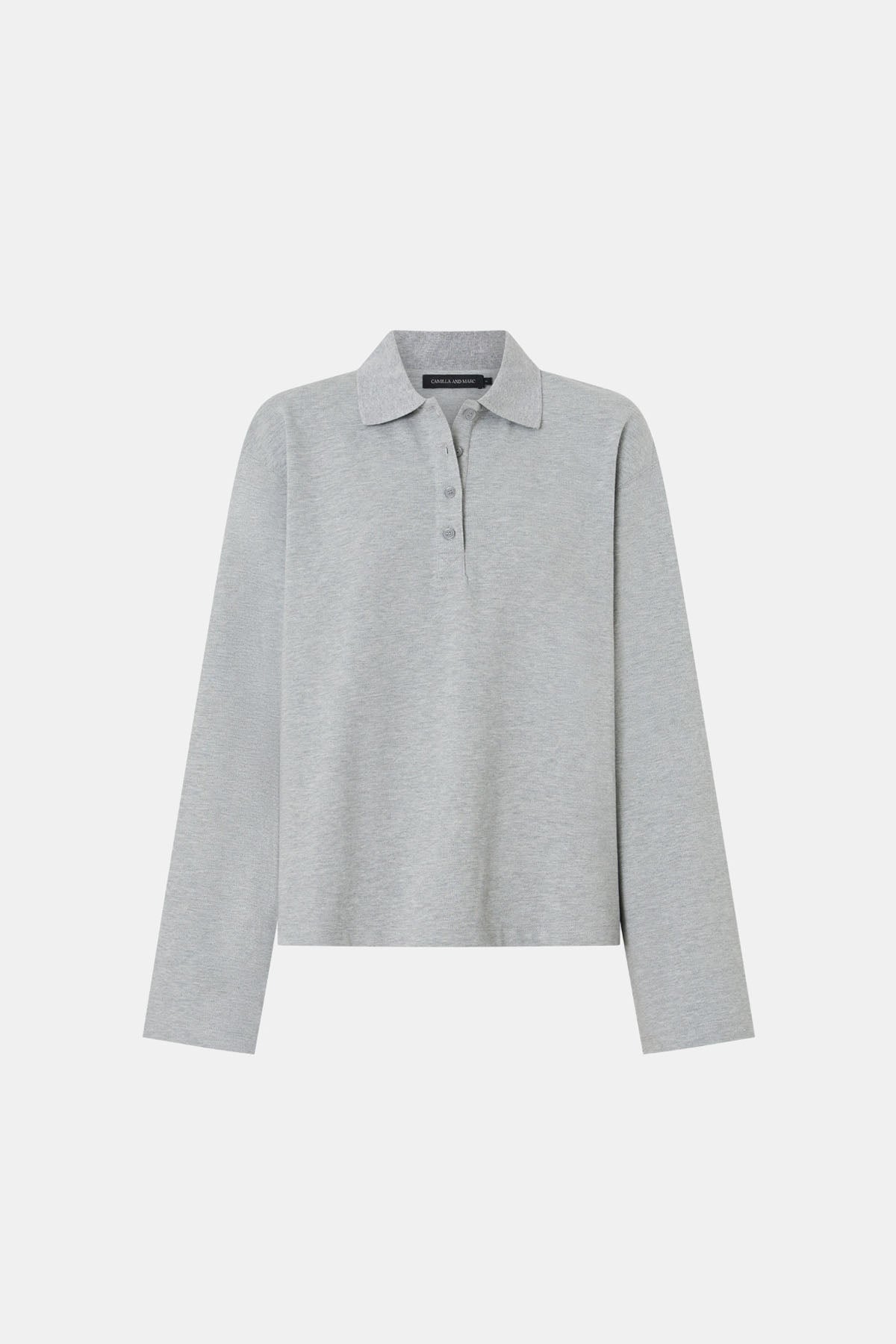 Ghost view CAMILLA AND MARC Moreno Long Sleeve Polo Top in Grey Marle with quarter button placket, and embroidered monogram.