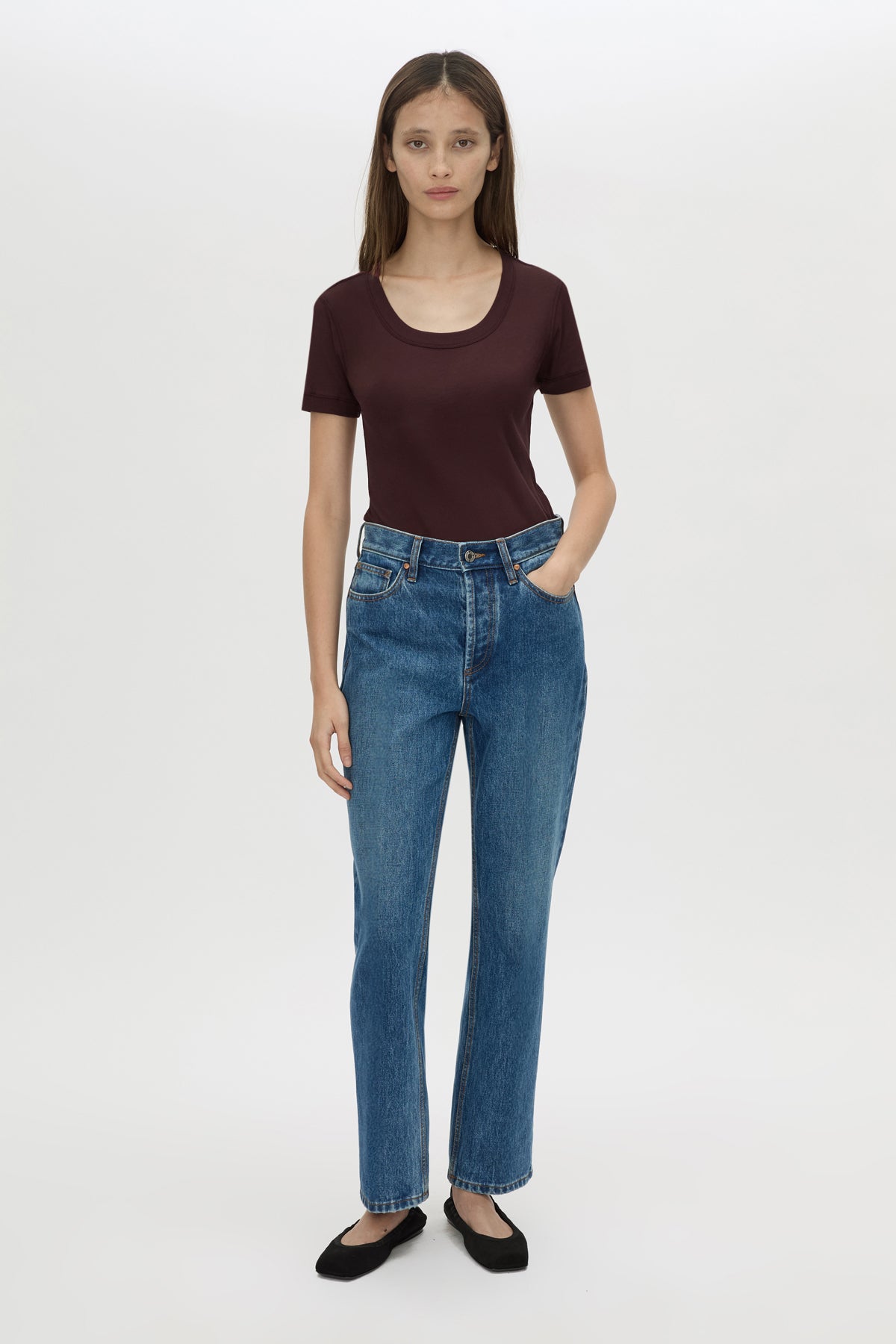 Front-styled view CAMILLA AND MARC Myles Denim Jean in dark classic blue with a slim‑leg, high‑waisted fit.