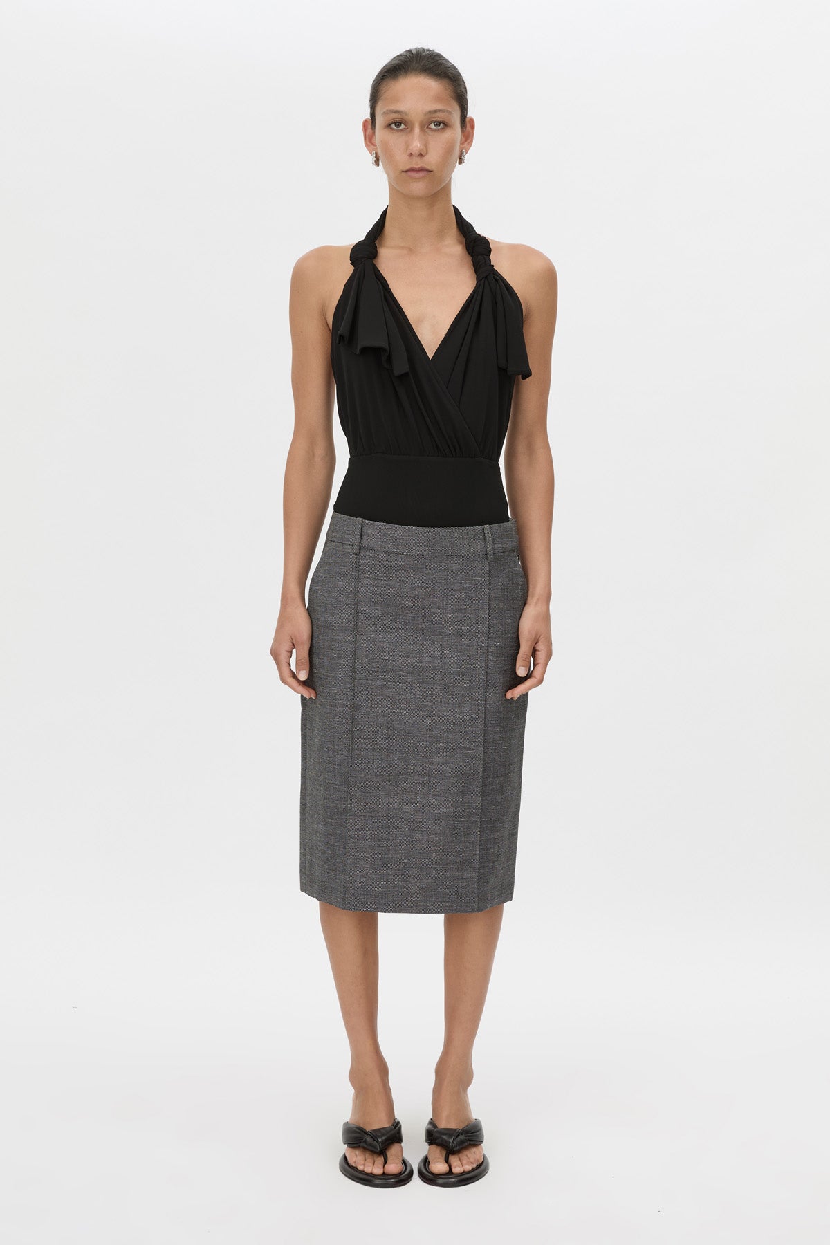 Front view CAMILLA AND MARC Myro Bodysuit in black with a knotted wrap cowl neckline.