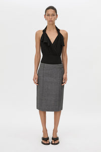 Front view CAMILLA AND MARC Myro Bodysuit in black with a knotted wrap cowl neckline.